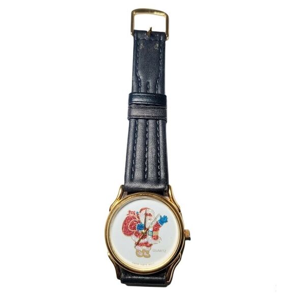 Vintage Christmas Theme Santa Claus Analog Wristwatch Black Band Round Face - Picture 1 of 5